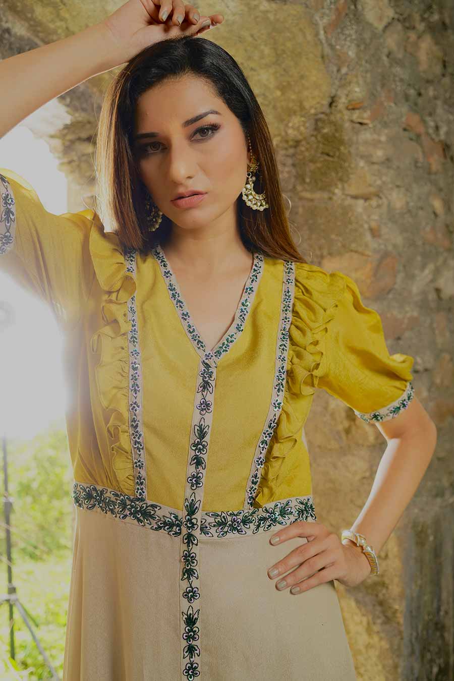 Green & Beige Embroidered Tunic Dress