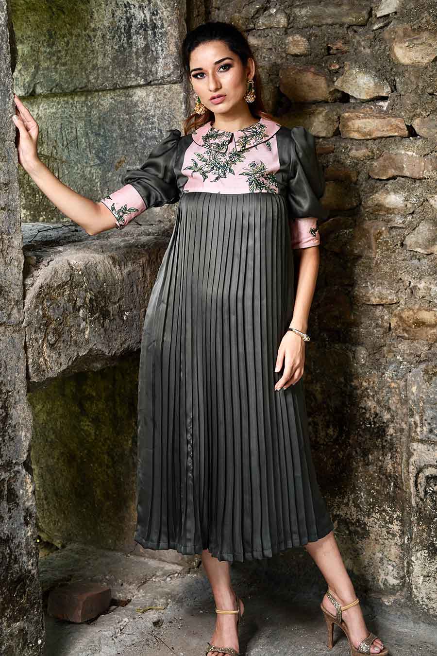 Grey Embroidered Pleated Dress