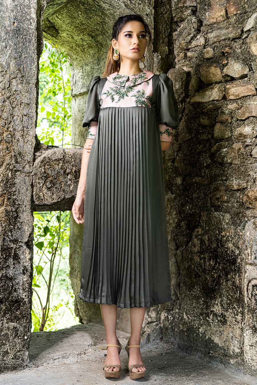 Grey Embroidered Pleated Dress