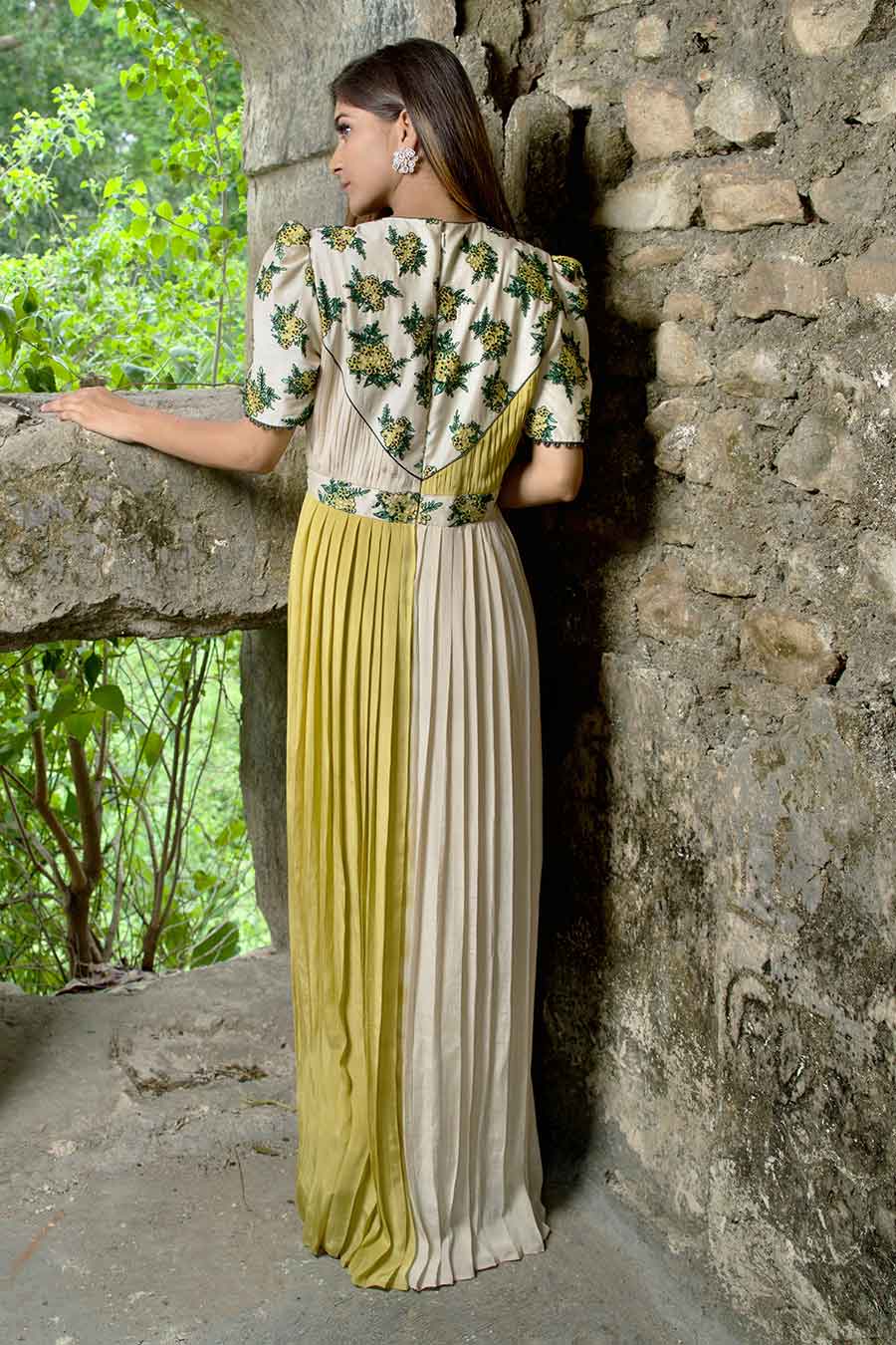 Beige & Green Embroidered Pleated Gown