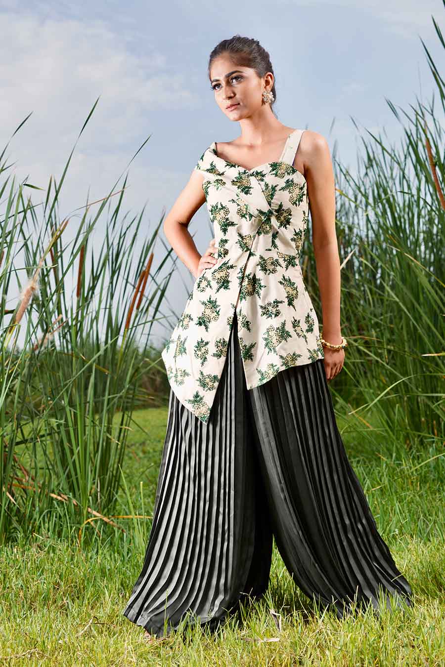 Floral Asymmetric Top & Pleated Pant Co-ord Set