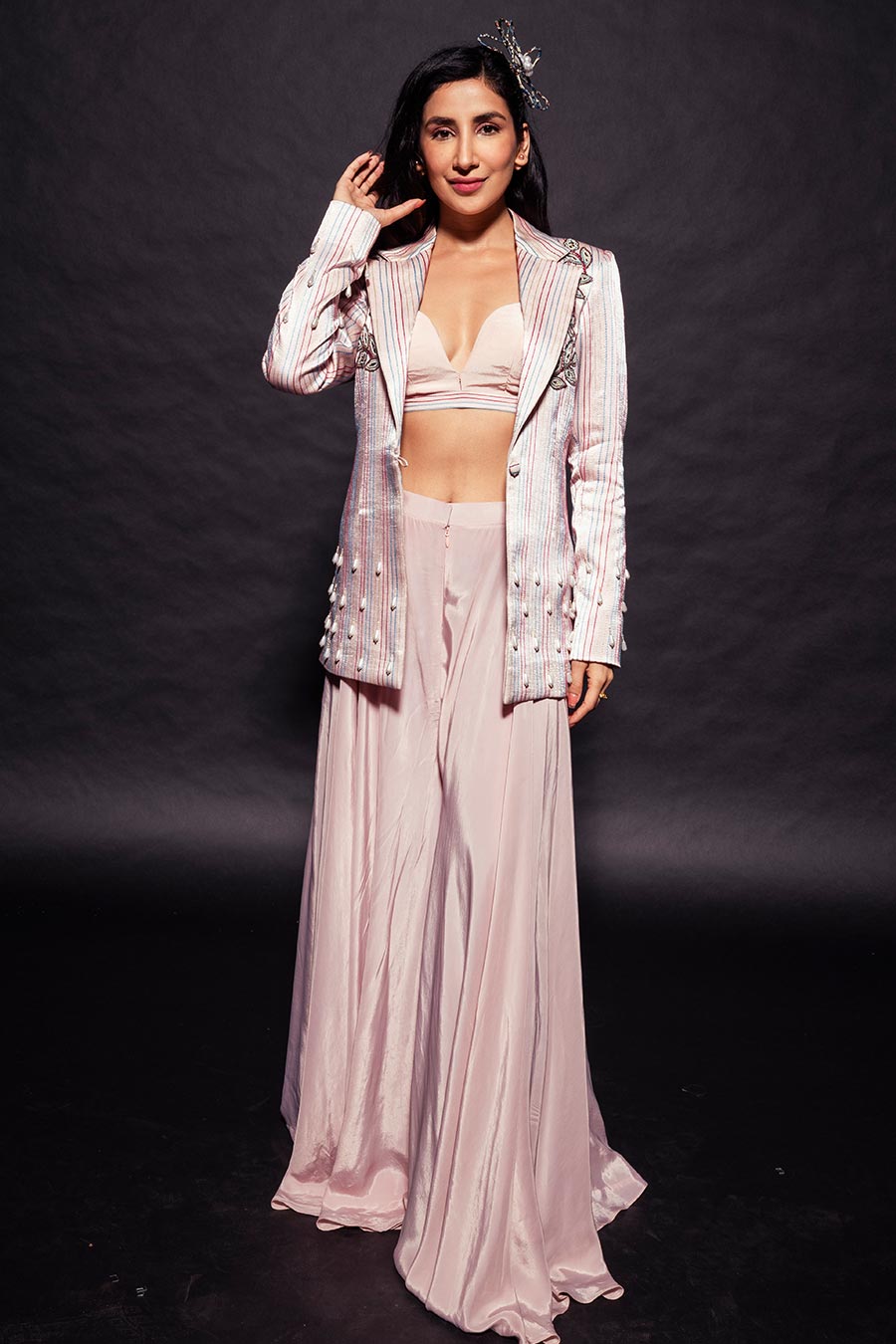 Pink Ajrakh Embroidered Bralette, Blazer & Flared Pant Set