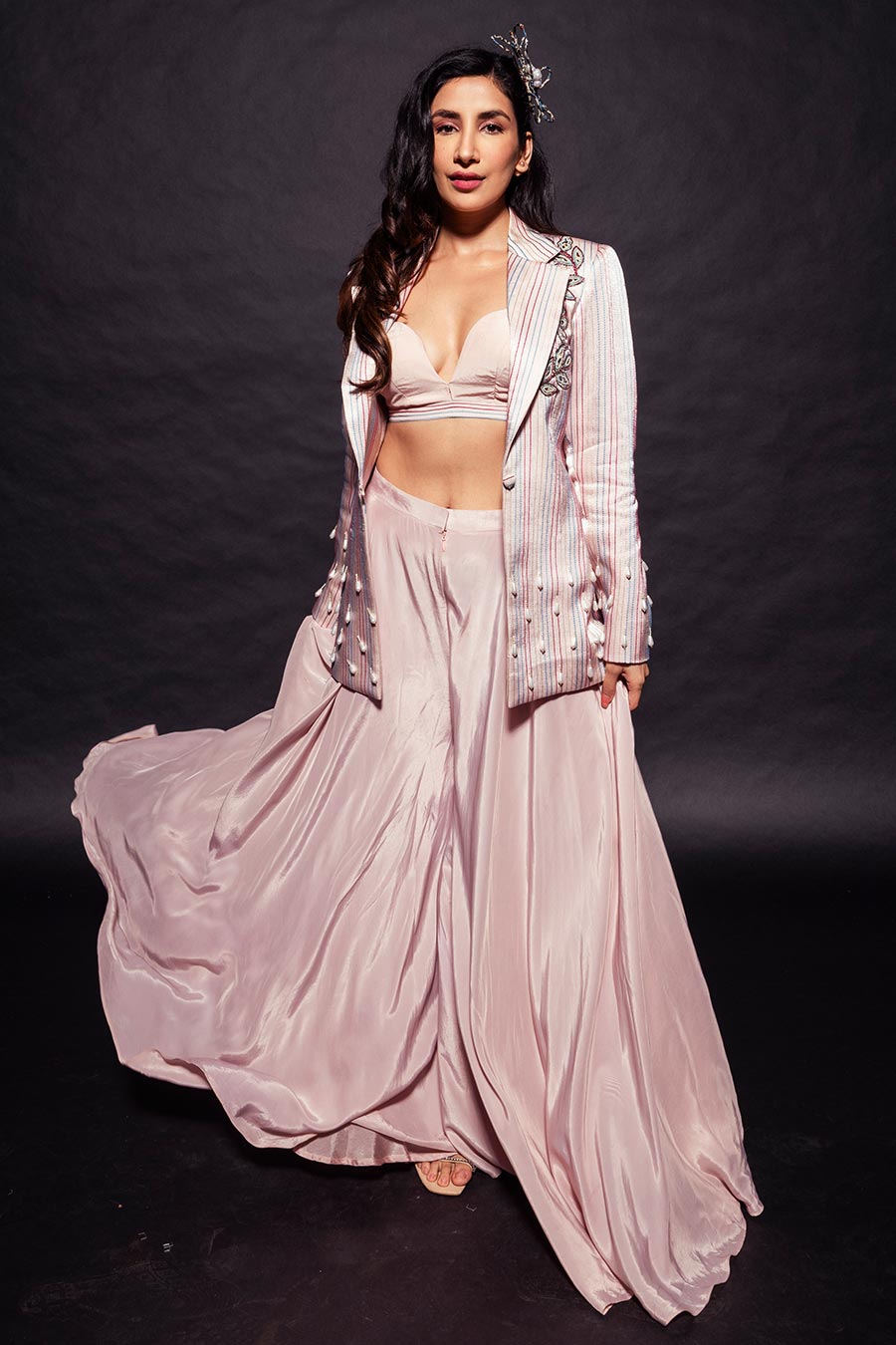 Pink Ajrakh Embroidered Bralette, Blazer & Flared Pant Set