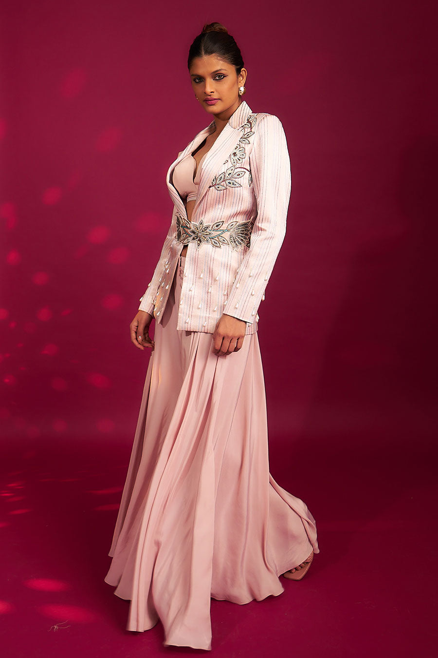 Pink Ajrakh Embroidered Bralette, Blazer & Flared Pant Set