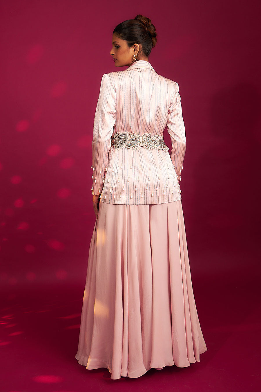 Pink Ajrakh Embroidered Bralette, Blazer & Flared Pant Set