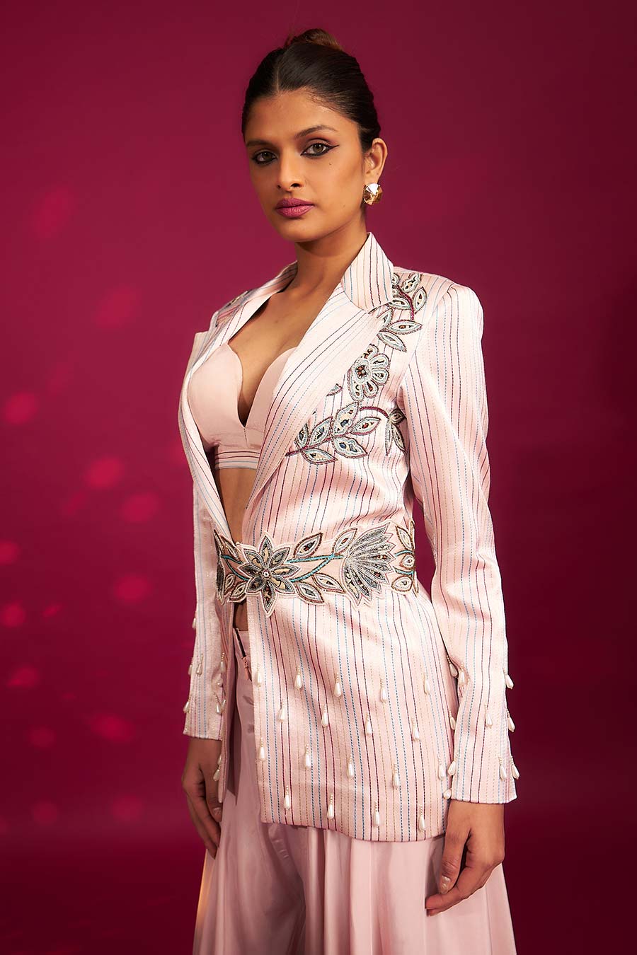 Pink Ajrakh Embroidered Bralette, Blazer & Flared Pant Set