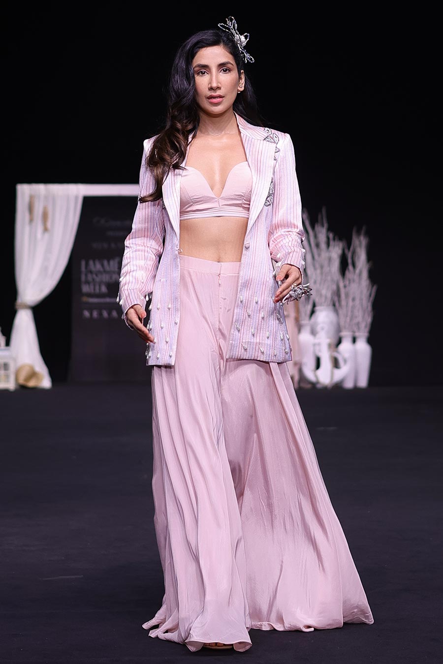 Pink Ajrakh Embroidered Bralette, Blazer & Flared Pant Set