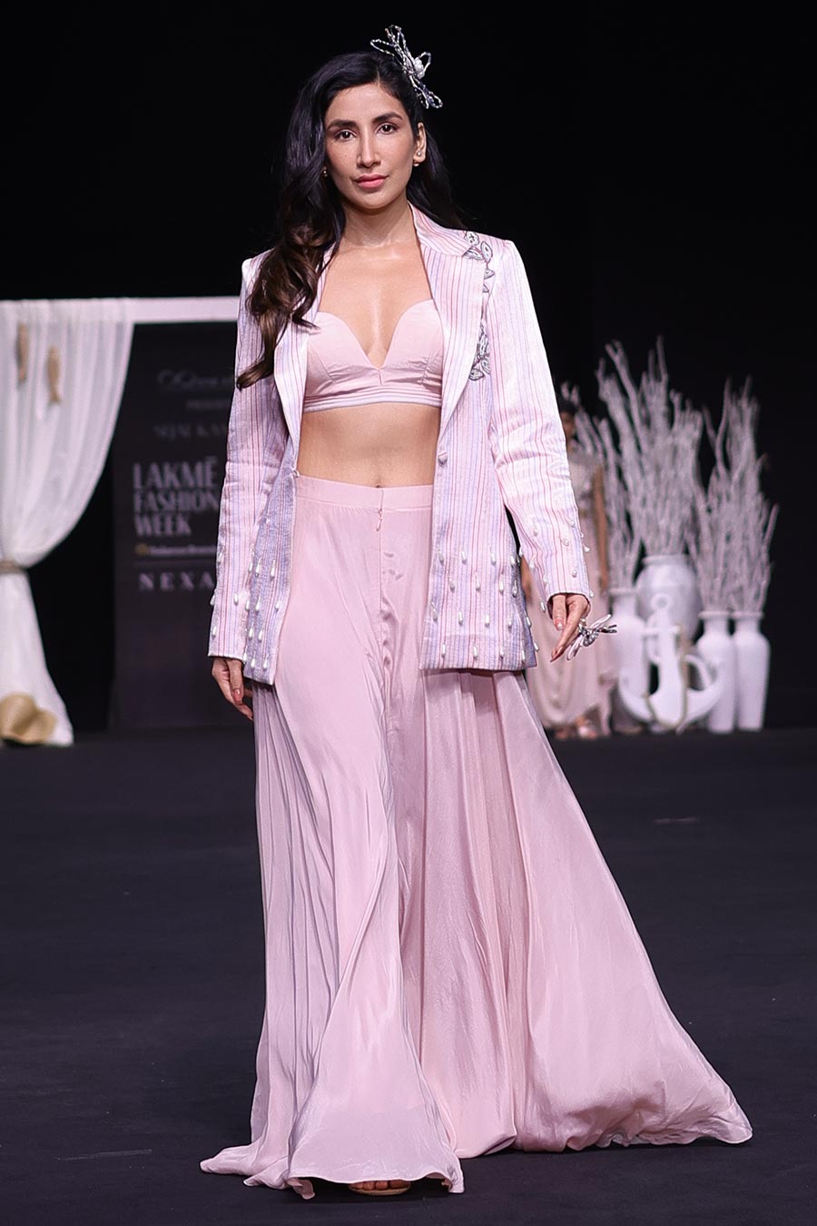 Pink Ajrakh Embroidered Bralette, Blazer & Flared Pant Set