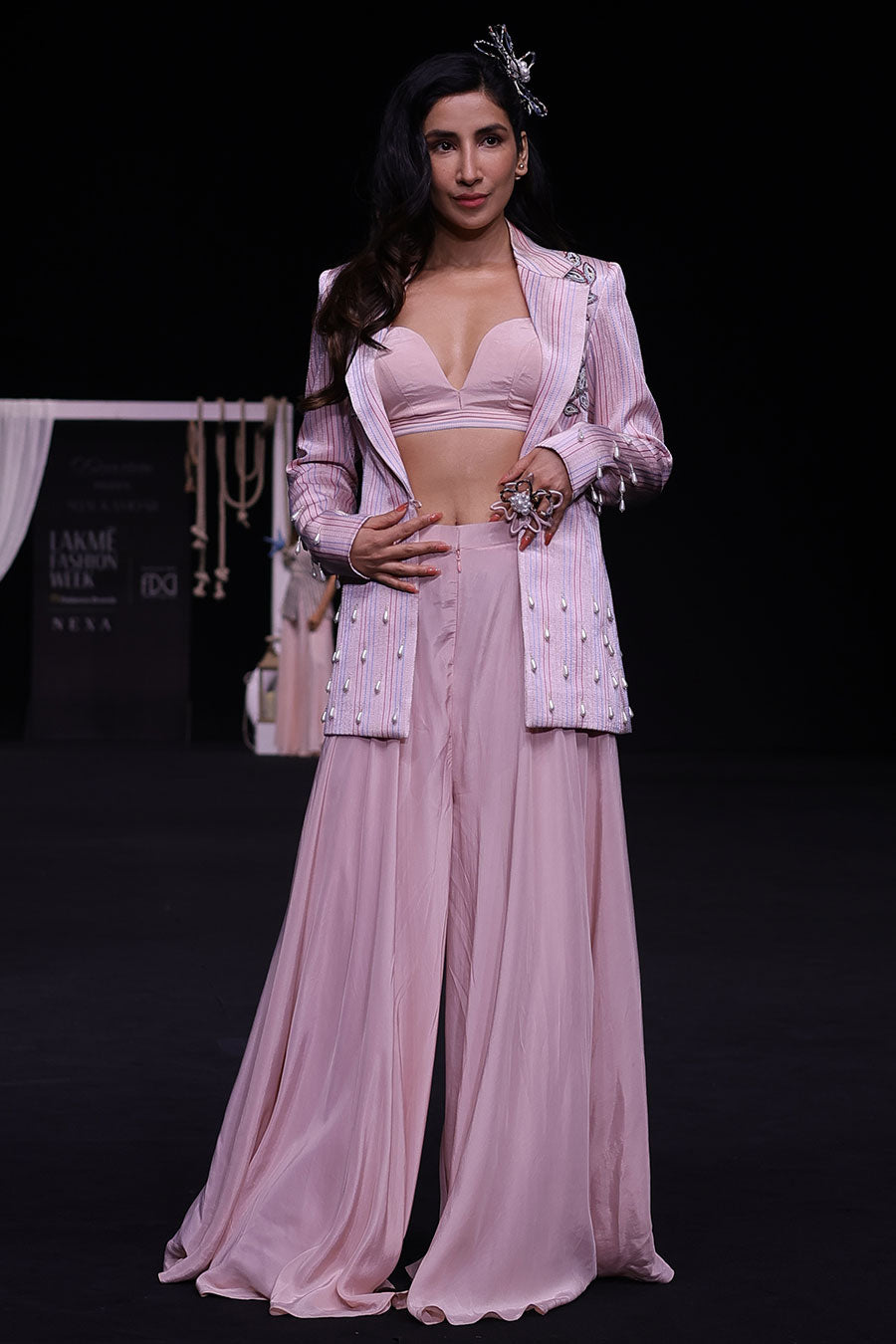 Pink Ajrakh Embroidered Bralette, Blazer & Flared Pant Set