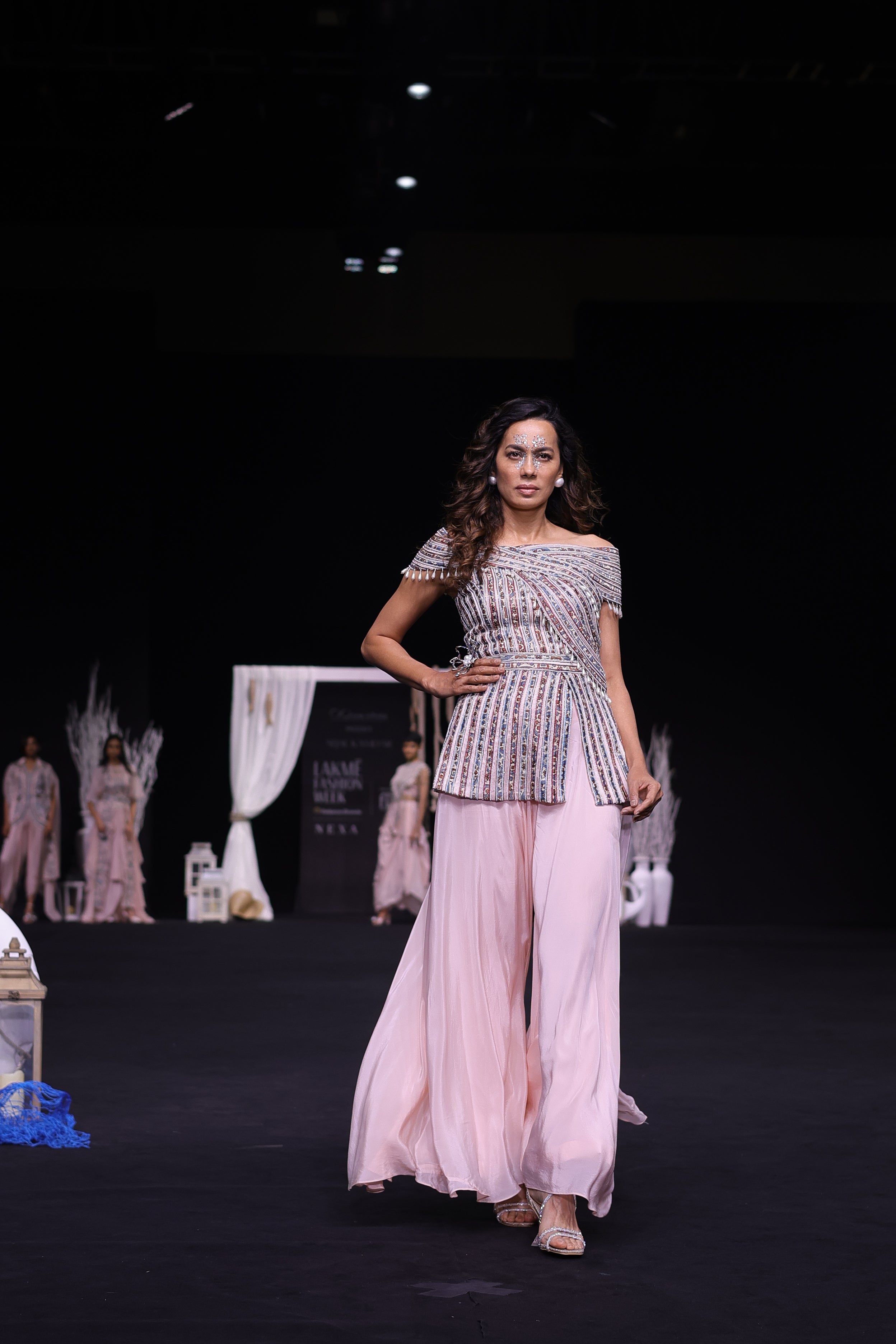 Pink Ajrakh Striped Peplum Top & Flared Pant Set