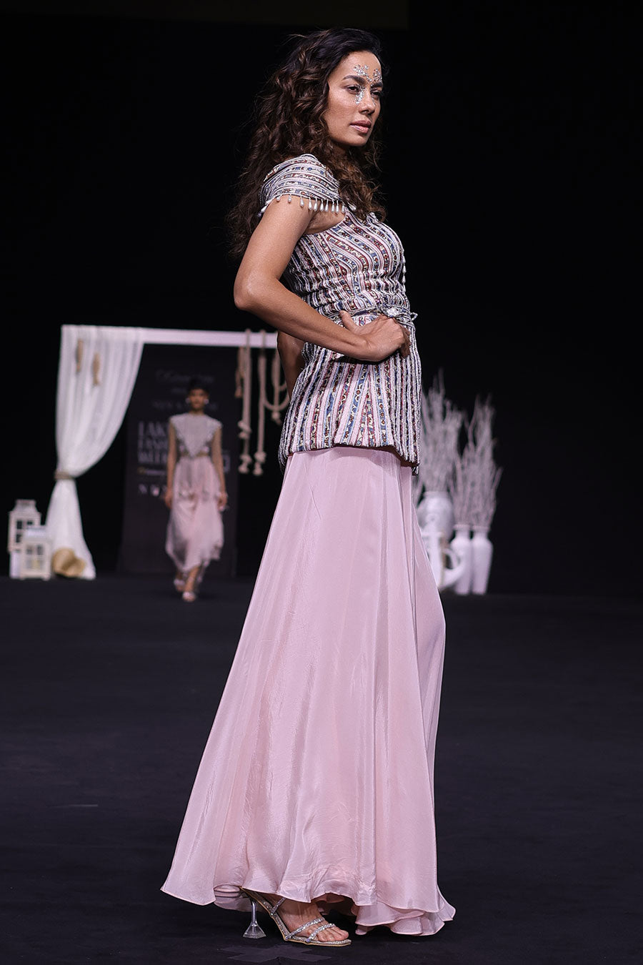 Pink Ajrakh Striped Peplum Top & Flared Pant Set