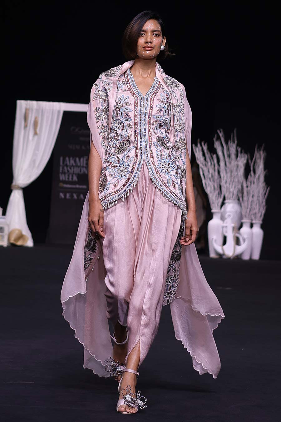 Pink Ajrakh Embroidered Jacket, Dhoti & Cape Dupatta Set