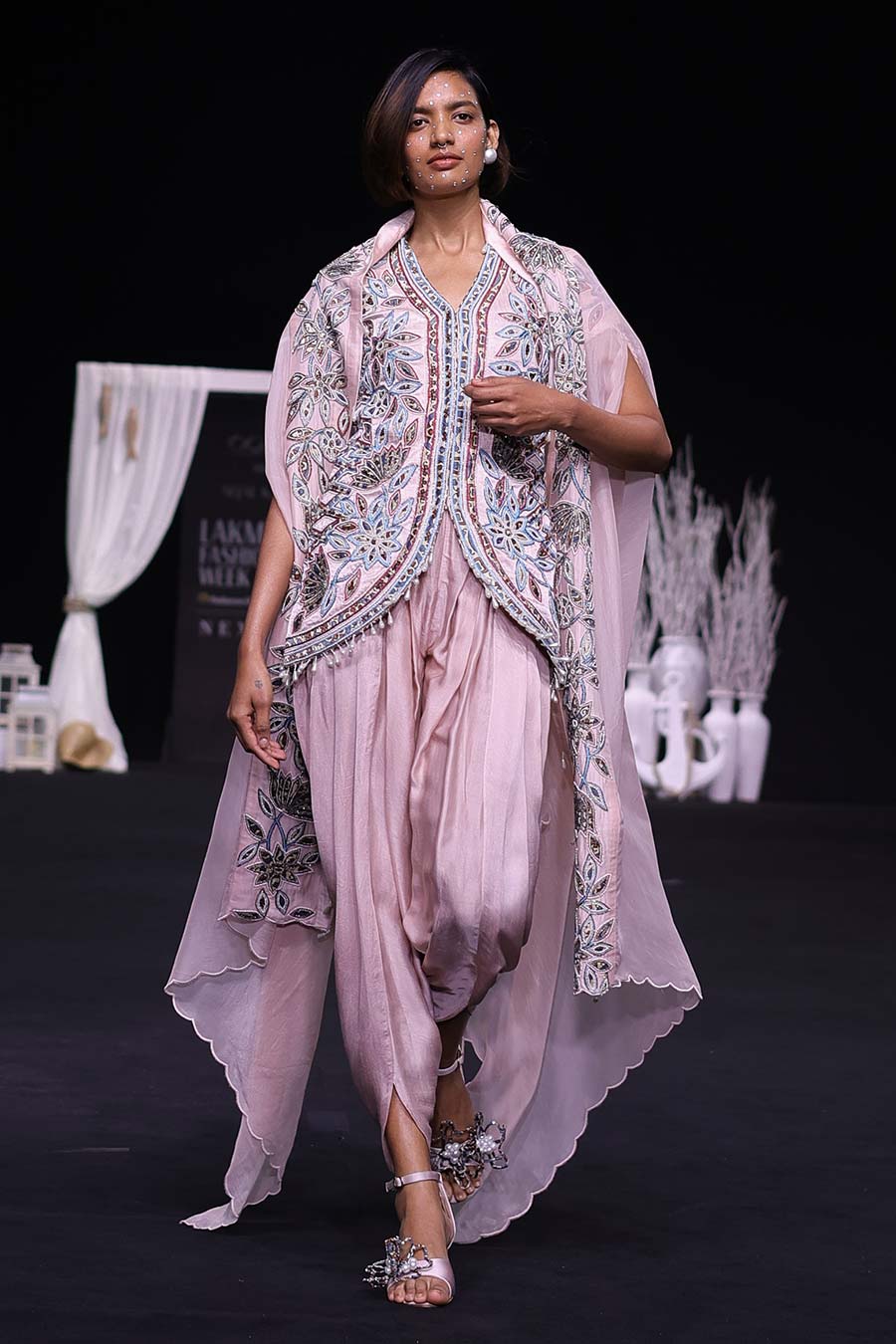 Pink Ajrakh Embroidered Jacket, Dhoti & Cape Dupatta Set