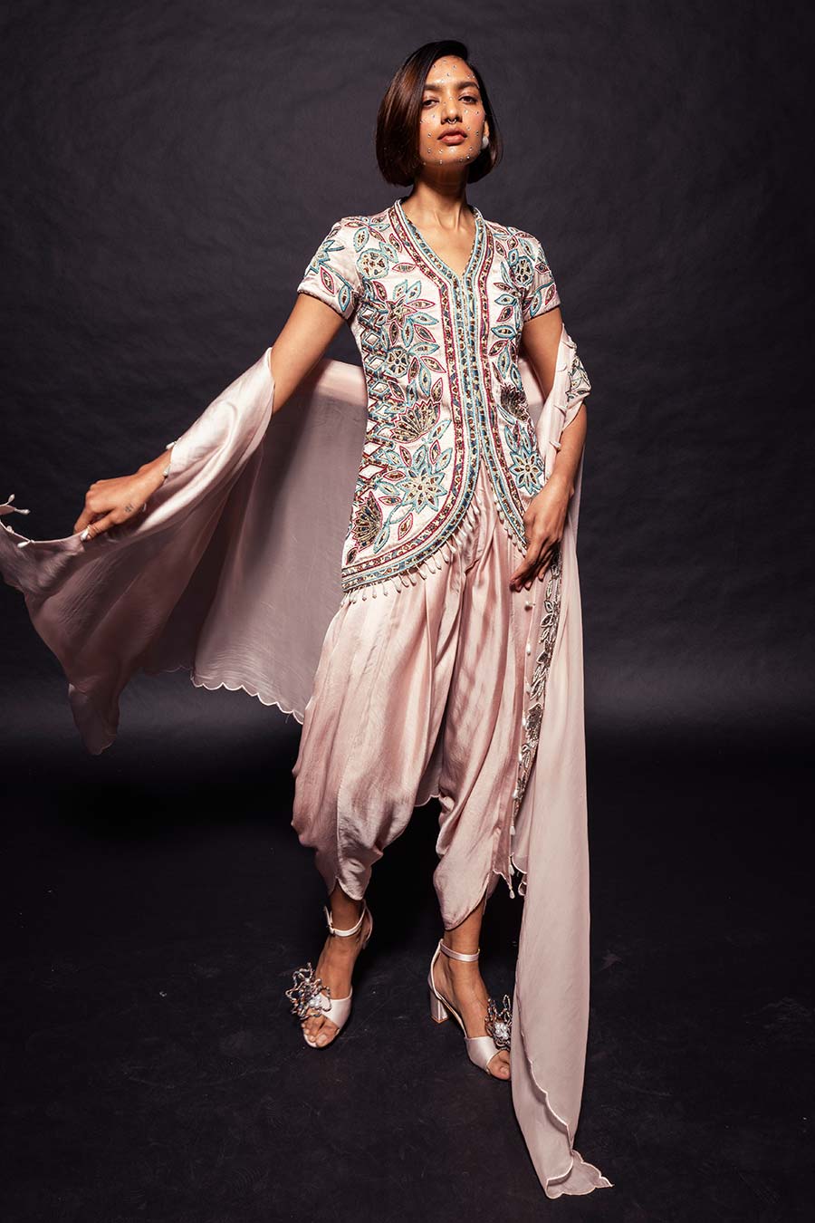 Pink Ajrakh Embroidered Jacket, Dhoti & Cape Dupatta Set