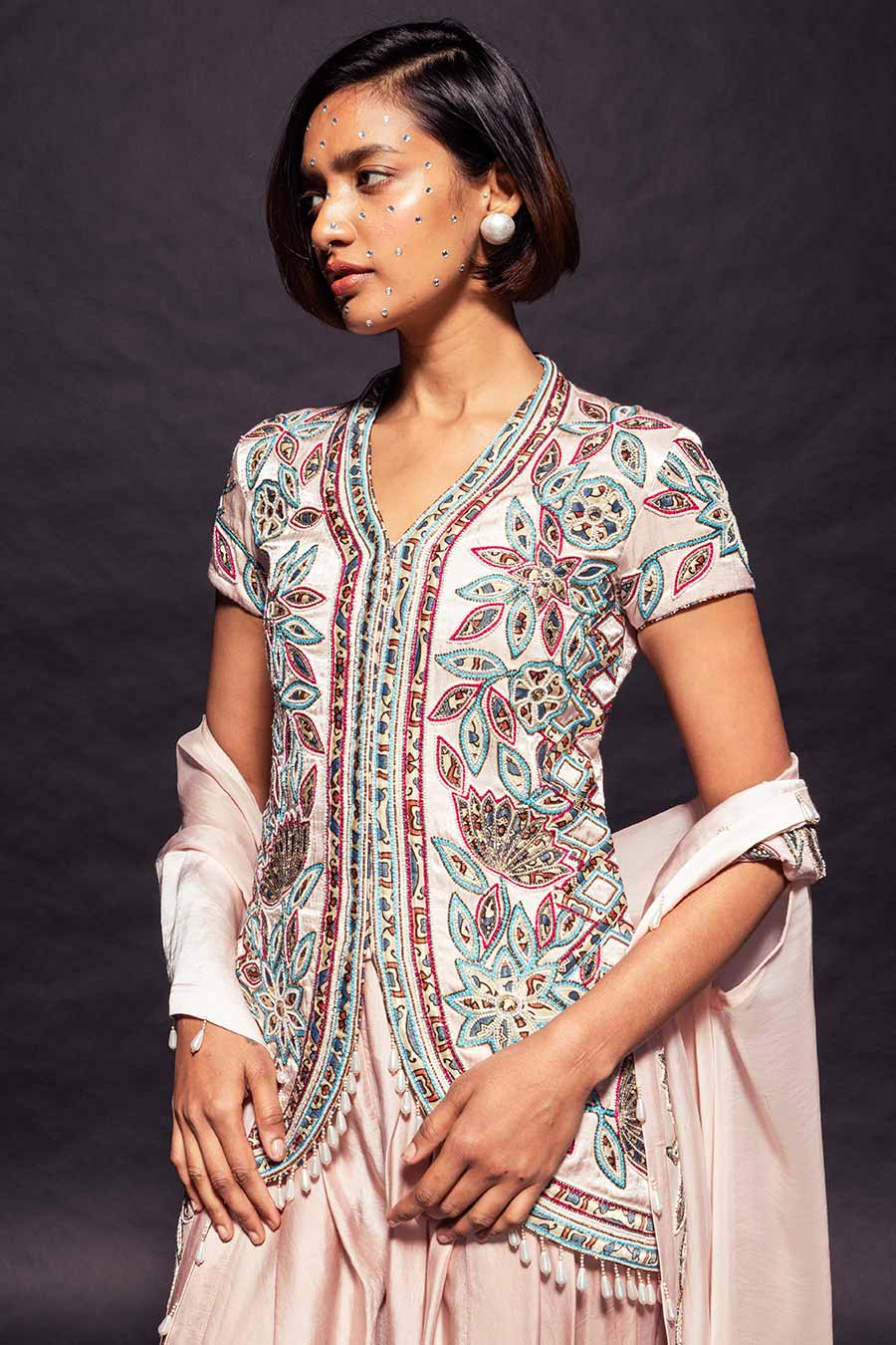 Pink Ajrakh Embroidered Jacket, Dhoti & Cape Dupatta Set