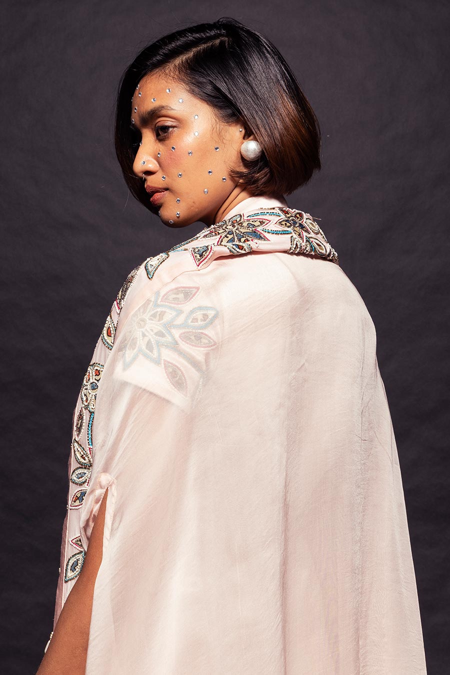 Pink Ajrakh Embroidered Jacket, Dhoti & Cape Dupatta Set