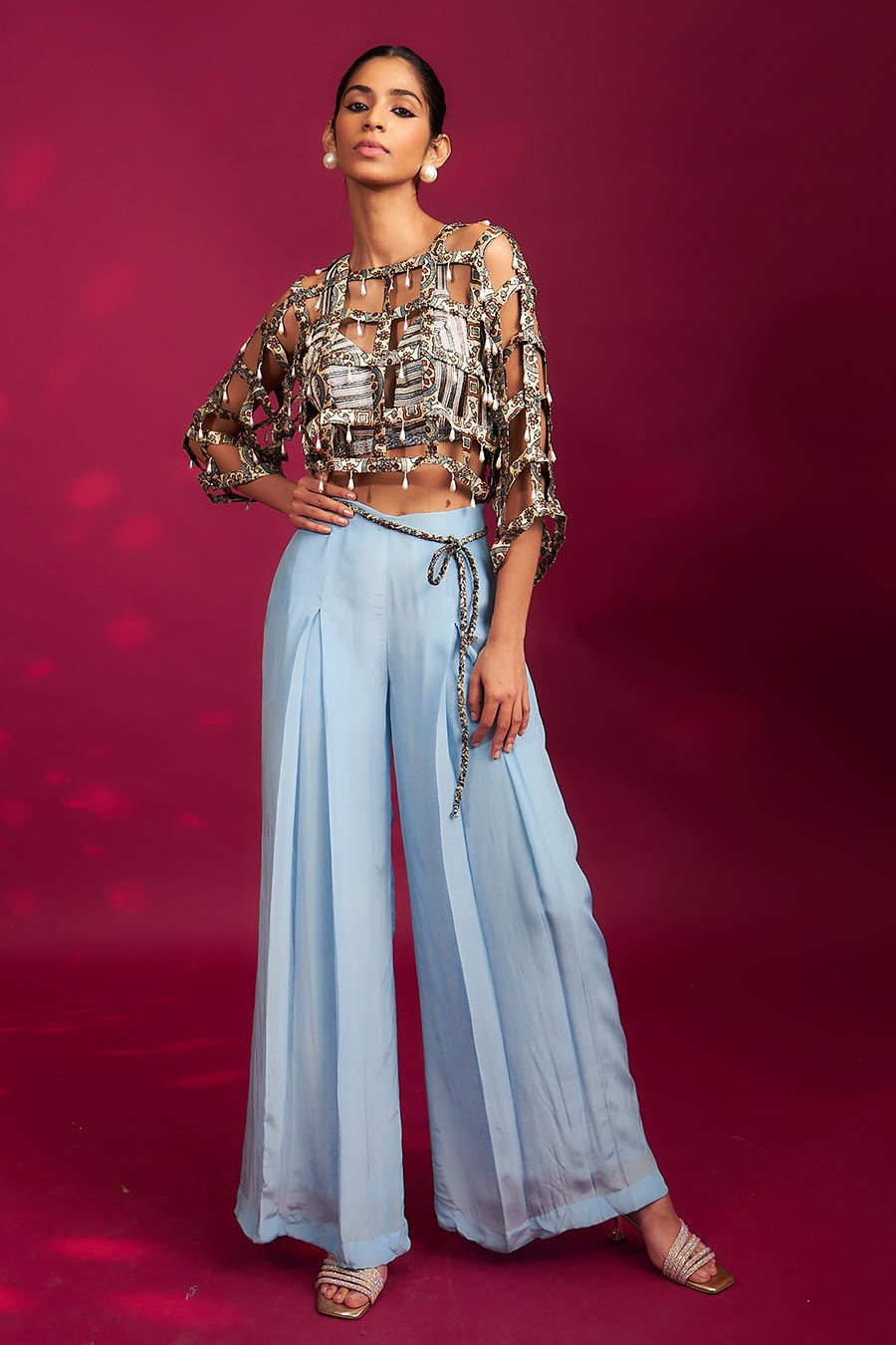 Powder Blue Ajrakh Striped Bralette, Jacket & Pant Set