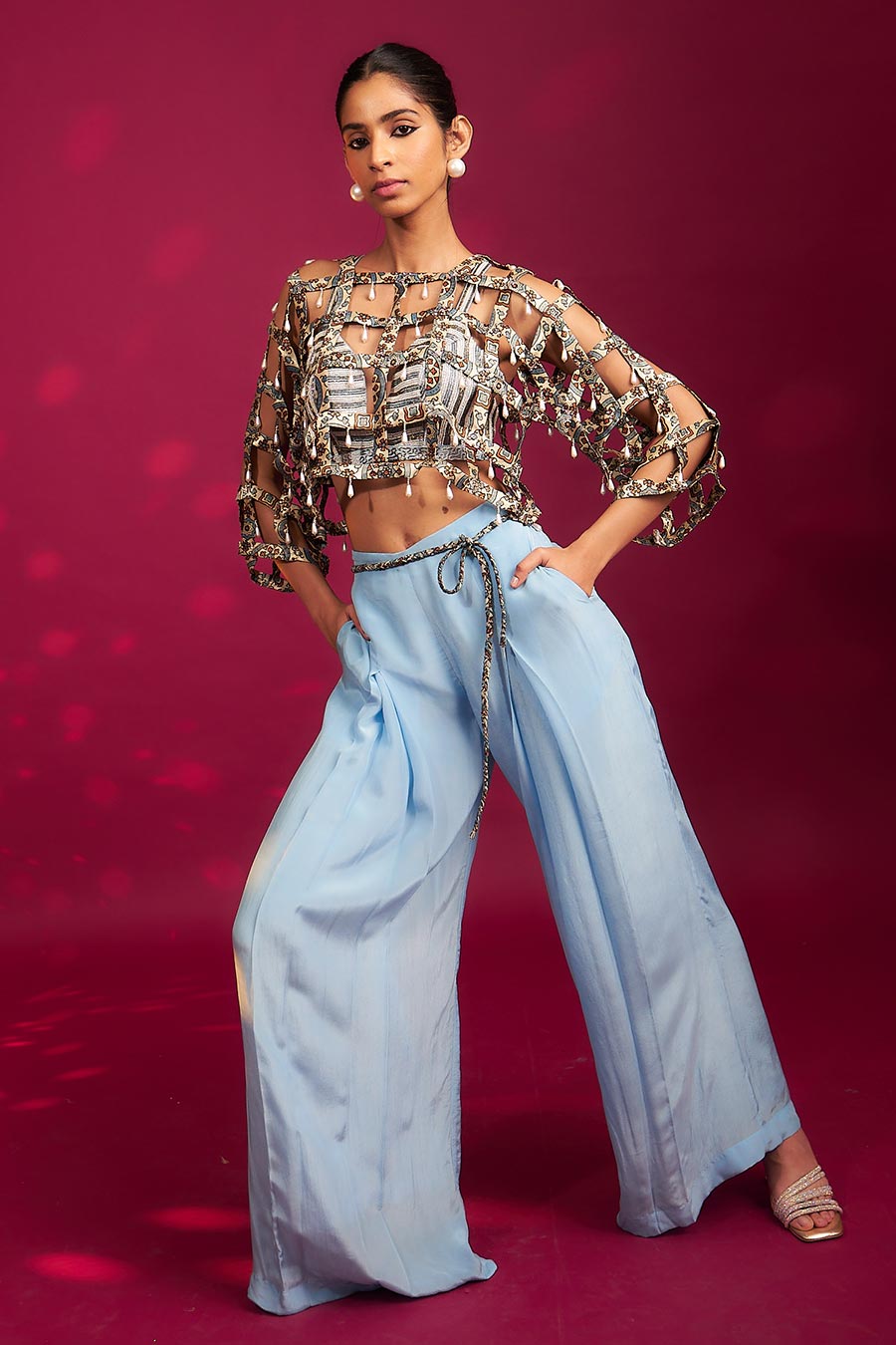 Powder Blue Ajrakh Striped Bralette, Jacket & Pant Set