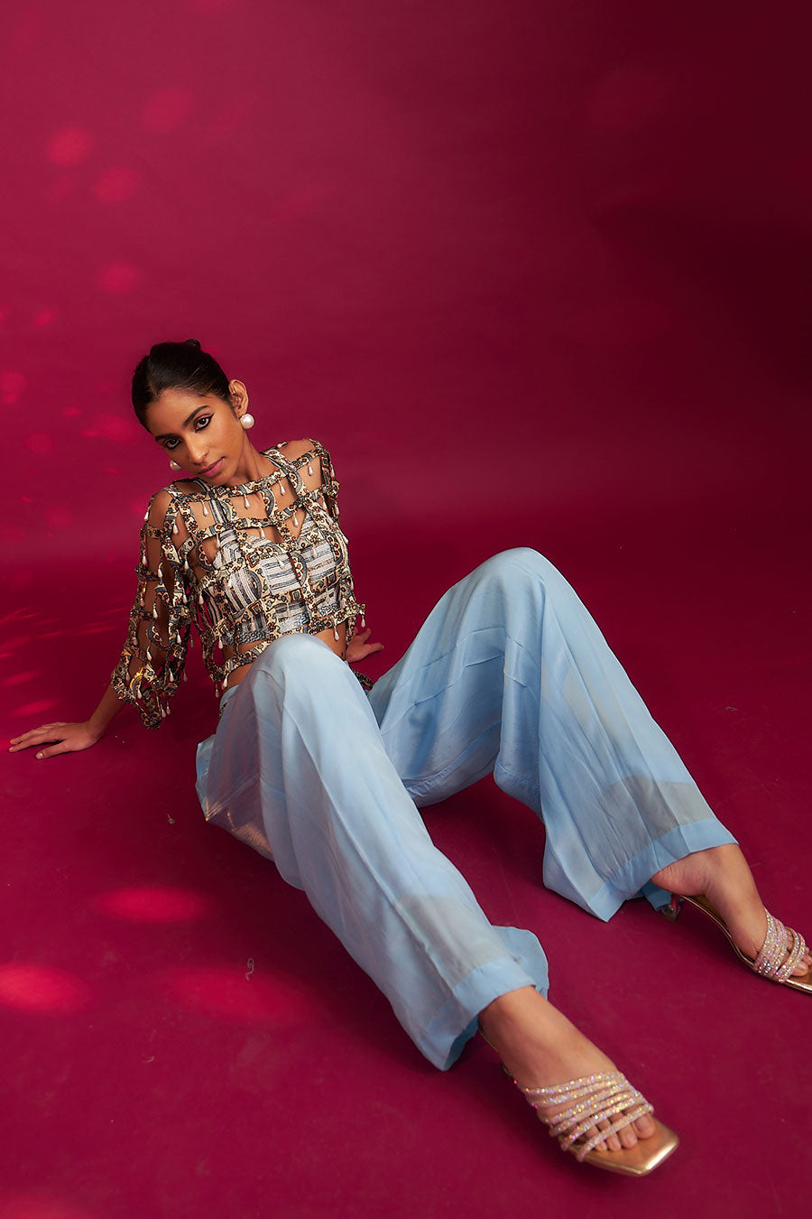 Powder Blue Ajrakh Striped Bralette, Jacket & Pant Set