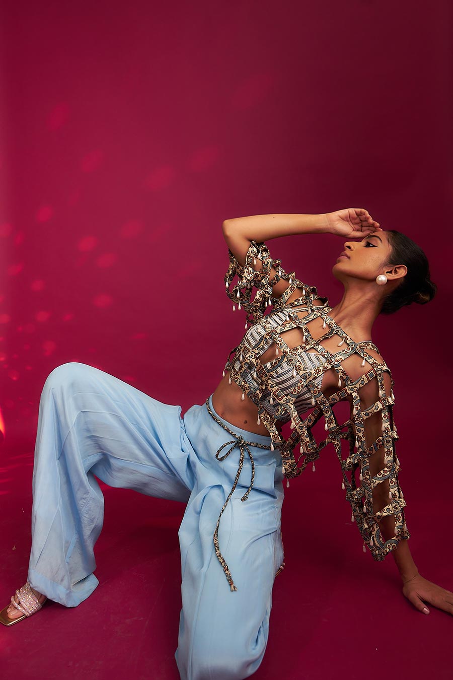 Powder Blue Ajrakh Striped Bralette, Jacket & Pant Set