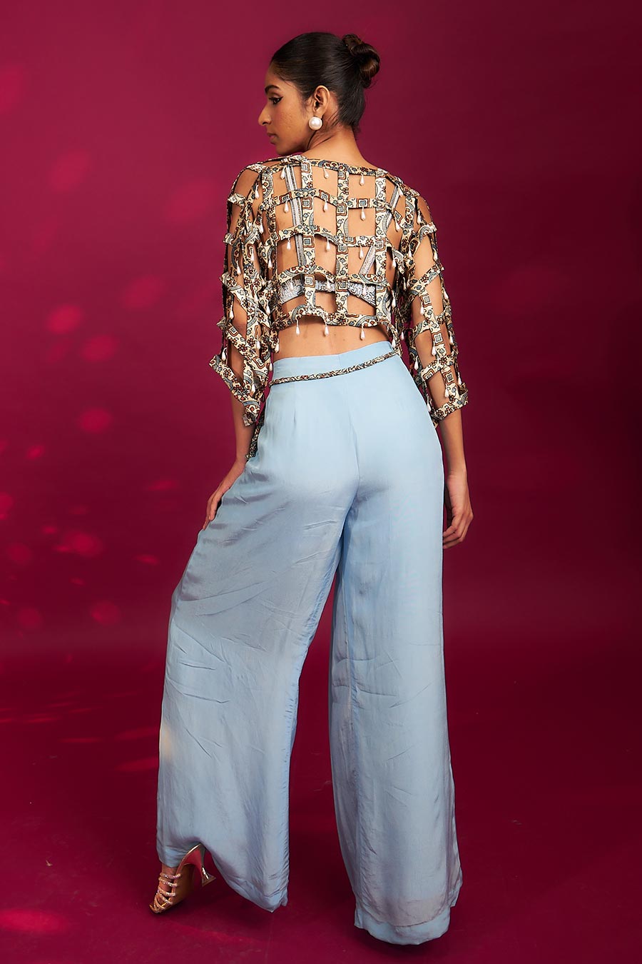 Powder Blue Ajrakh Striped Bralette, Jacket & Pant Set