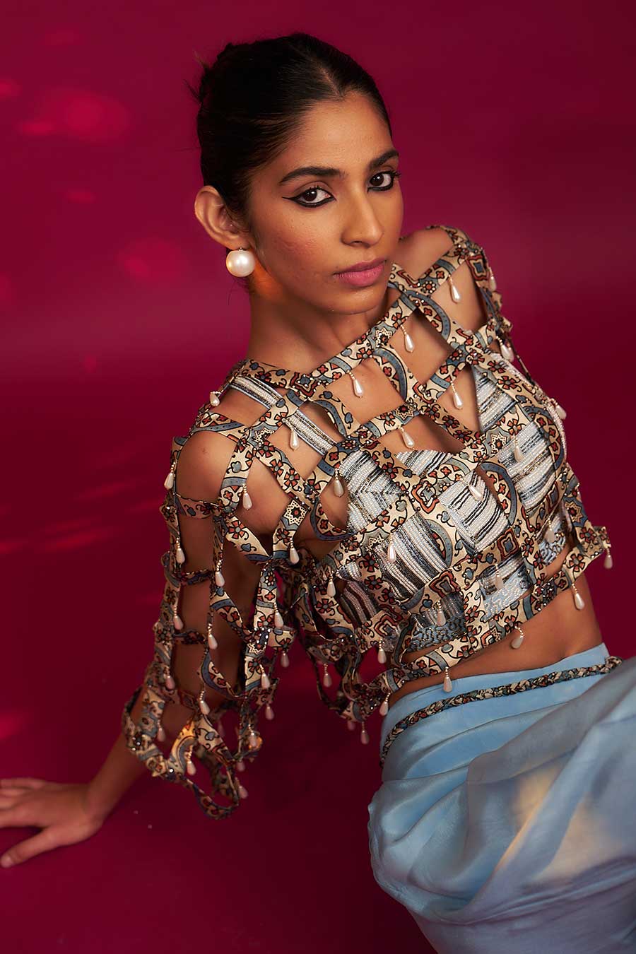 Powder Blue Ajrakh Striped Bralette, Jacket & Pant Set
