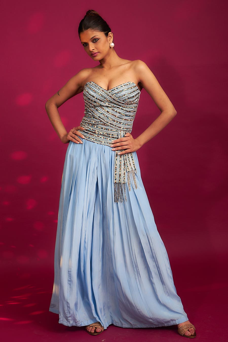 Powder Blue Ajrakh Embroidered Corset Top & Pant Set
