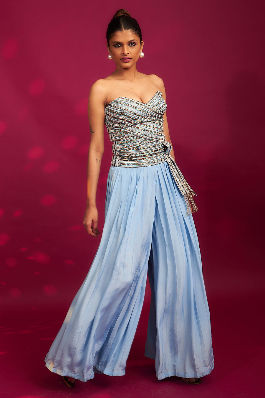 Powder Blue Ajrakh Embroidered Corset Top & Pant Set