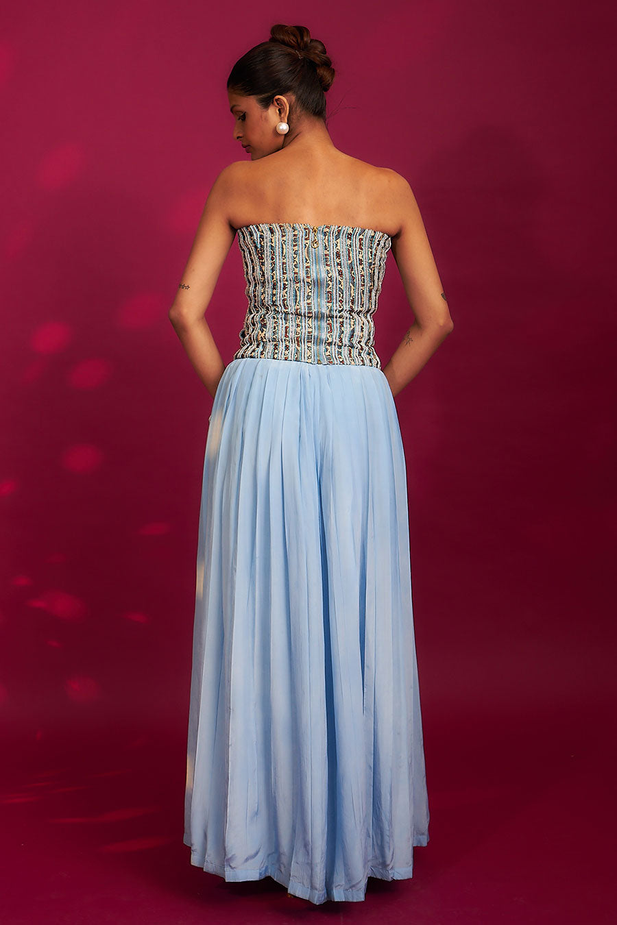 Powder Blue Ajrakh Embroidered Corset Top & Pant Set
