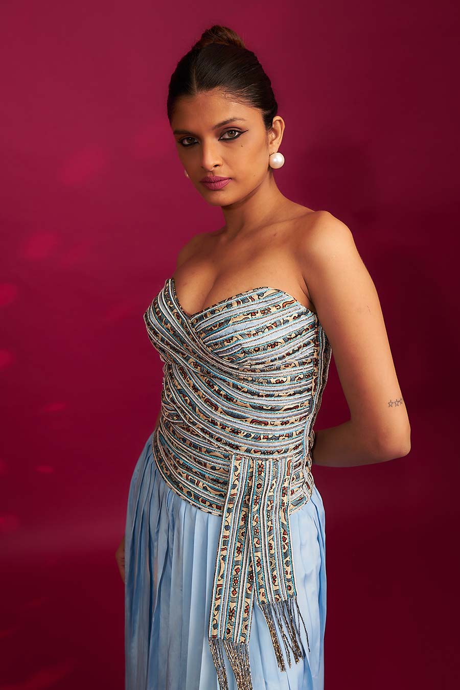 Powder Blue Ajrakh Embroidered Corset Top & Pant Set