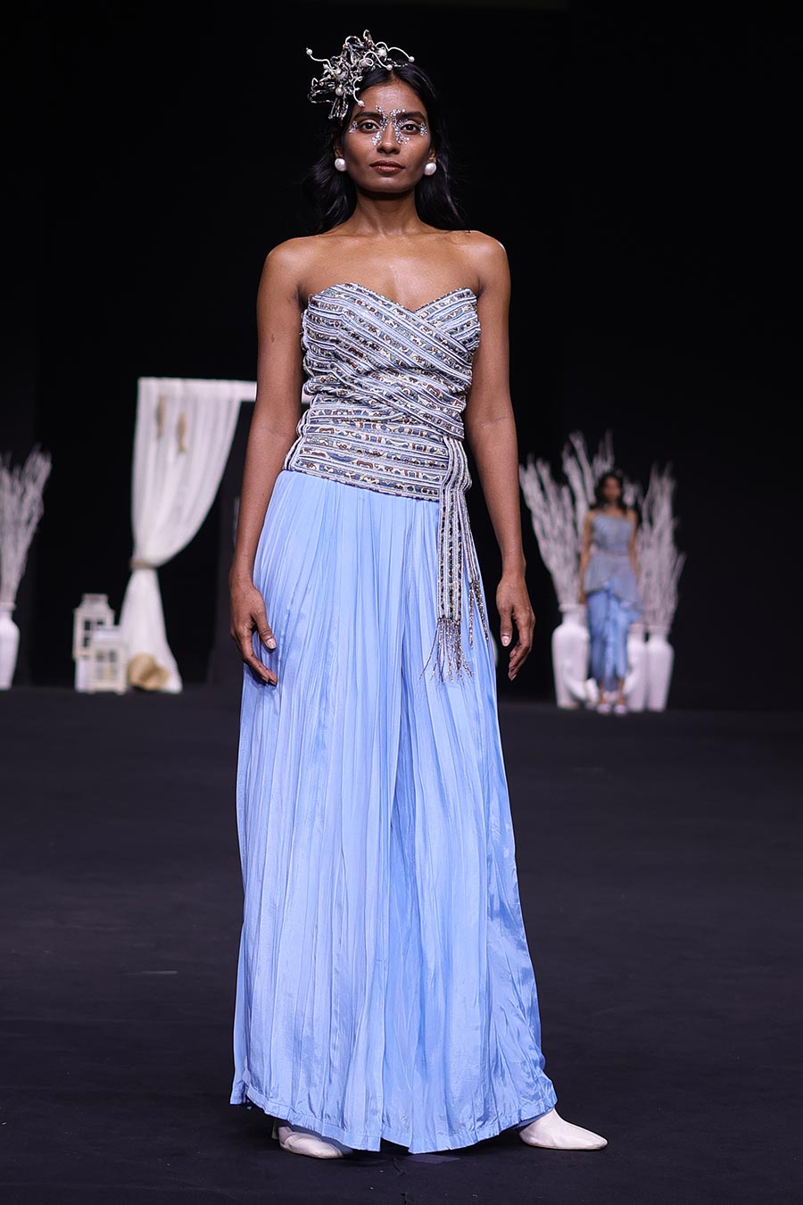 Powder Blue Ajrakh Embroidered Corset Top & Pant Set