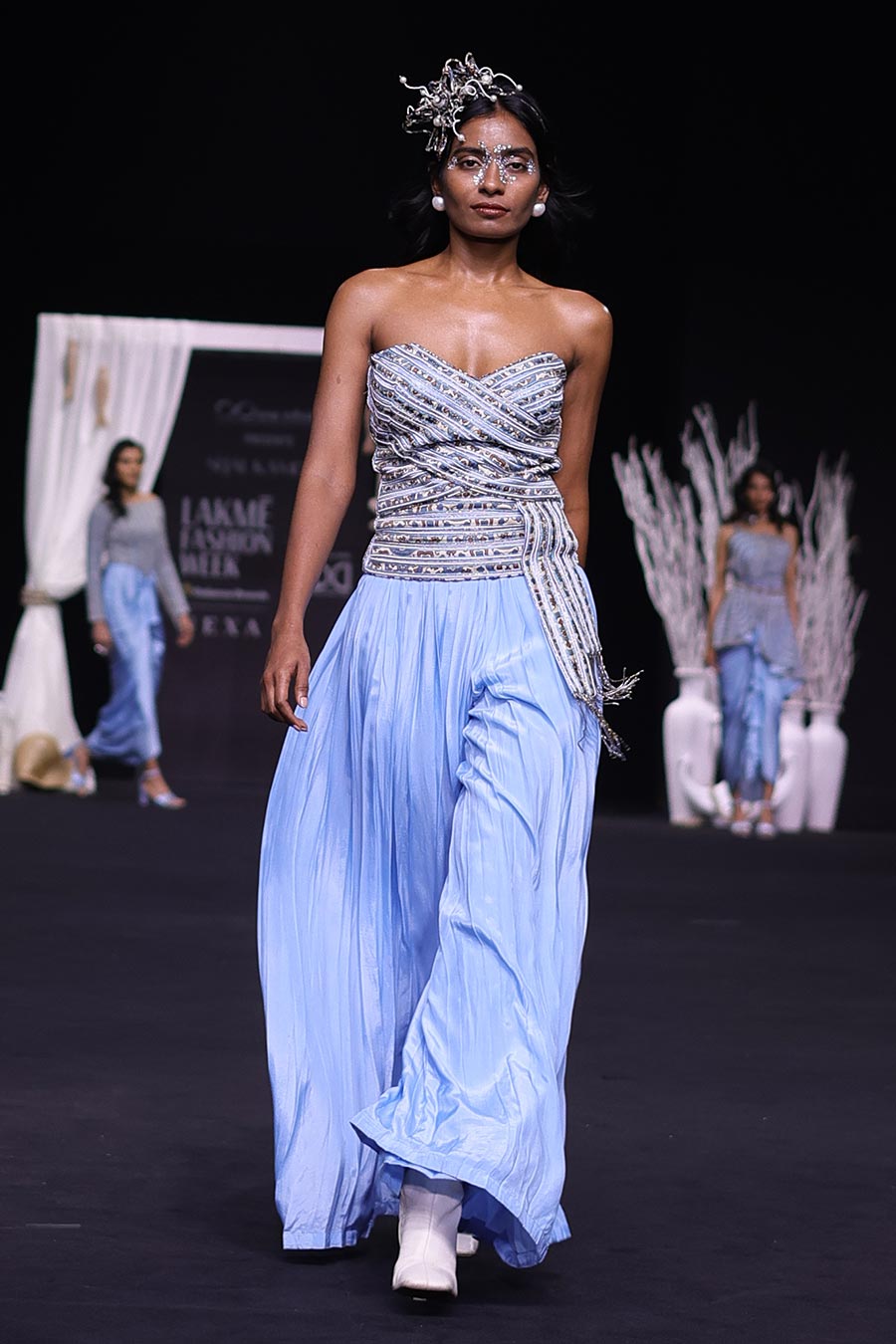 Powder Blue Ajrakh Embroidered Corset Top & Pant Set