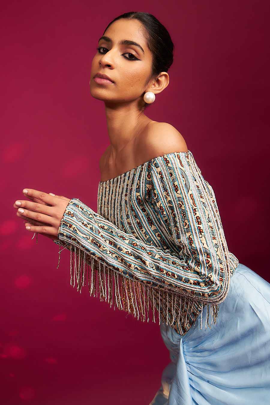 Powder Blue Ajrakh Striped Draped Dress