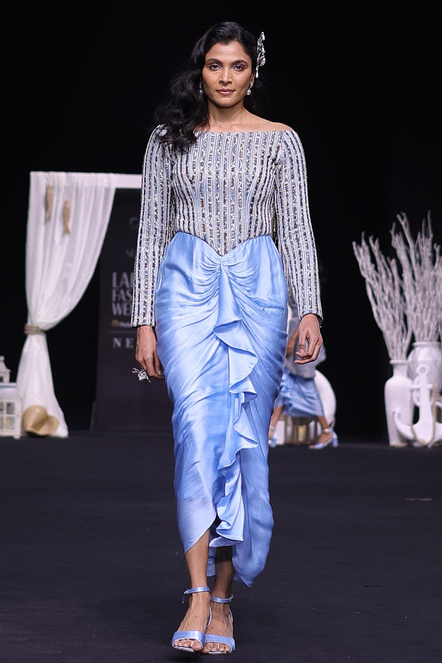 Powder Blue Ajrakh Striped Draped Dress
