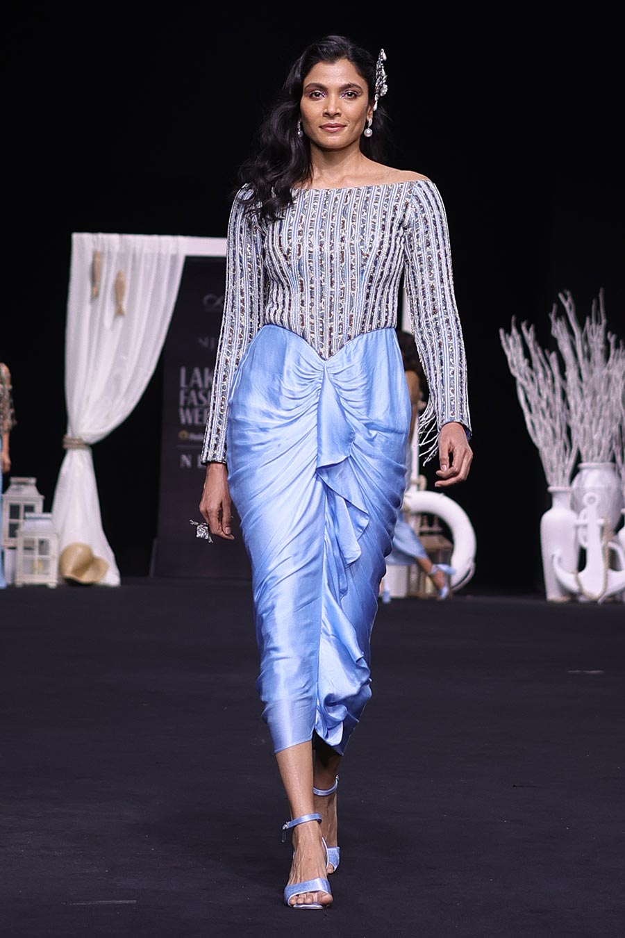 Powder Blue Ajrakh Striped Draped Dress