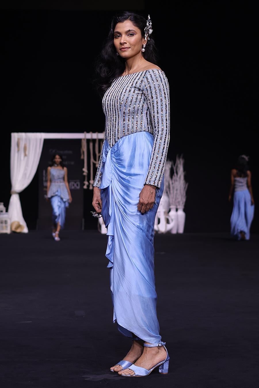 Powder Blue Ajrakh Striped Draped Dress