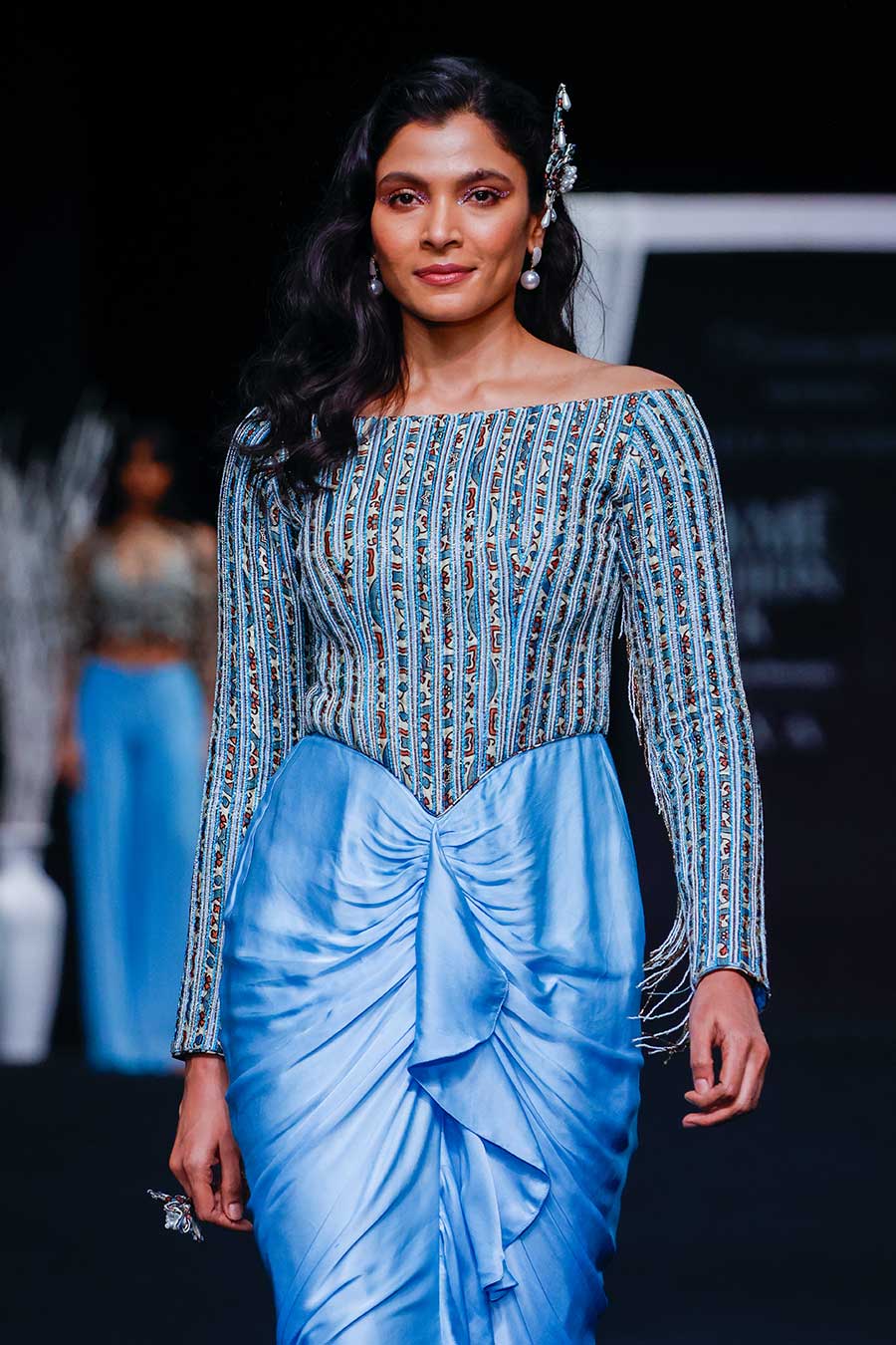 Powder Blue Ajrakh Striped Draped Dress