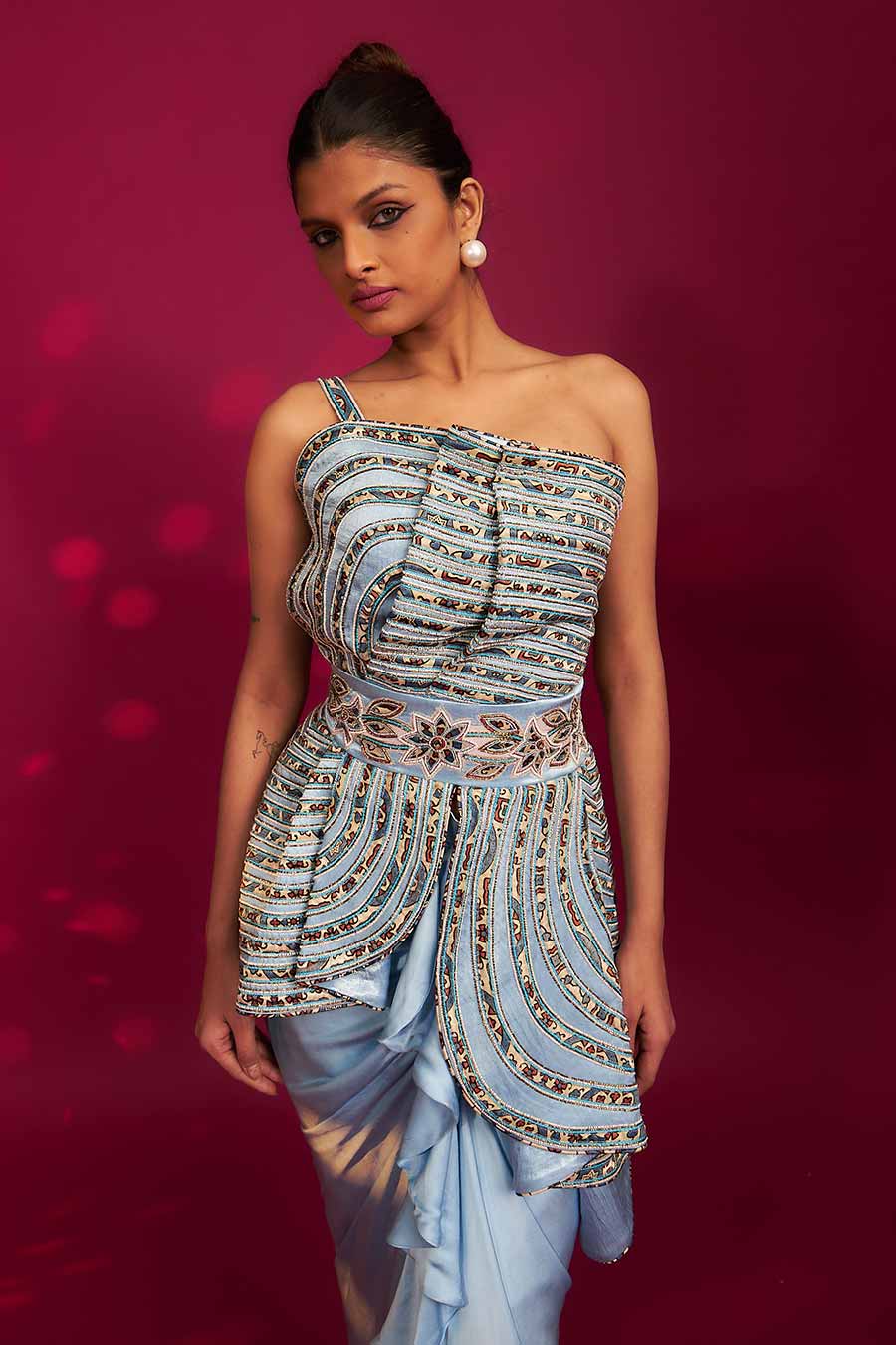 Powder Blue Ajrakh Embroidered Peplum Top & Skirt Set