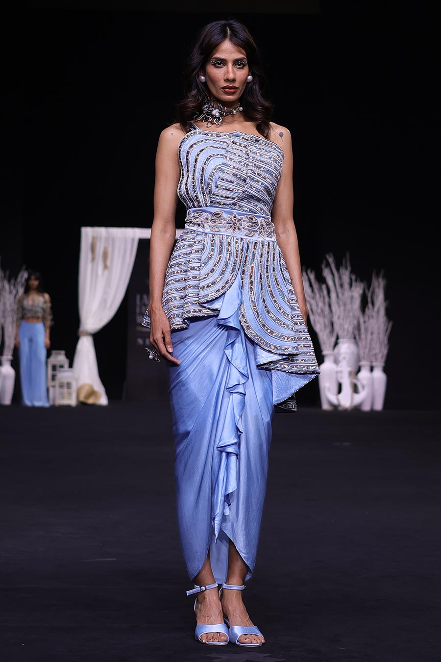 Powder Blue Ajrakh Embroidered Peplum Top & Skirt Set