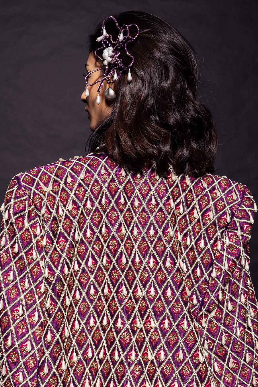 Purple Ajrakh Embroidered Blouse, Jacket & Skirt Set