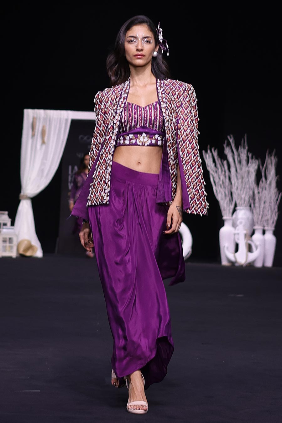 Purple Ajrakh Embroidered Blouse, Jacket & Skirt Set