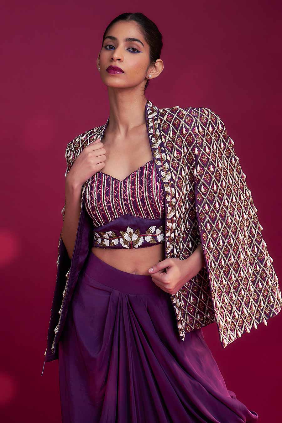 Purple Ajrakh Embroidered Blouse, Jacket & Skirt Set