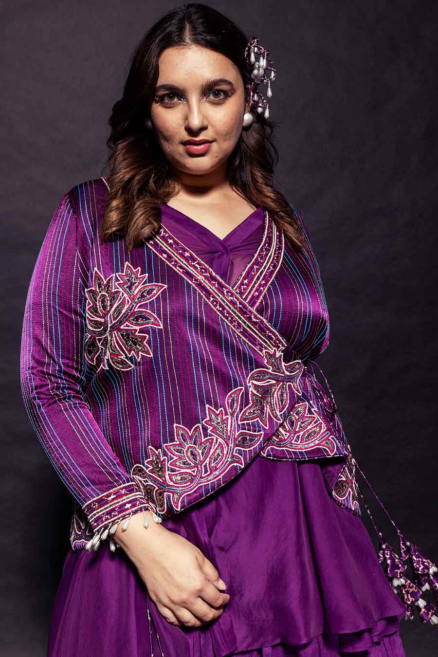Purple Ajrakh Embroidered Angrakha Jacket & Skirt Set