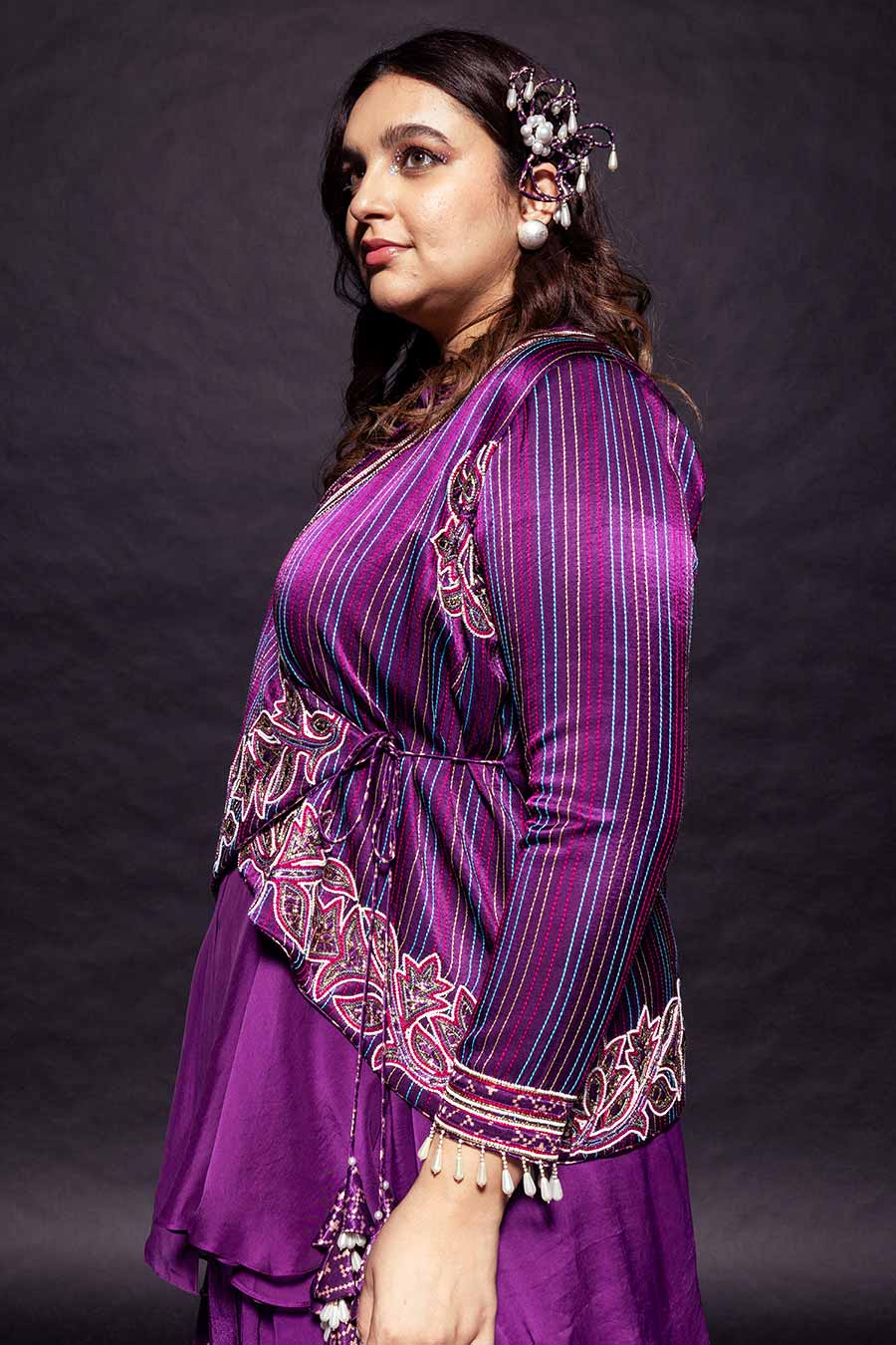 Purple Ajrakh Embroidered Angrakha Jacket & Skirt Set