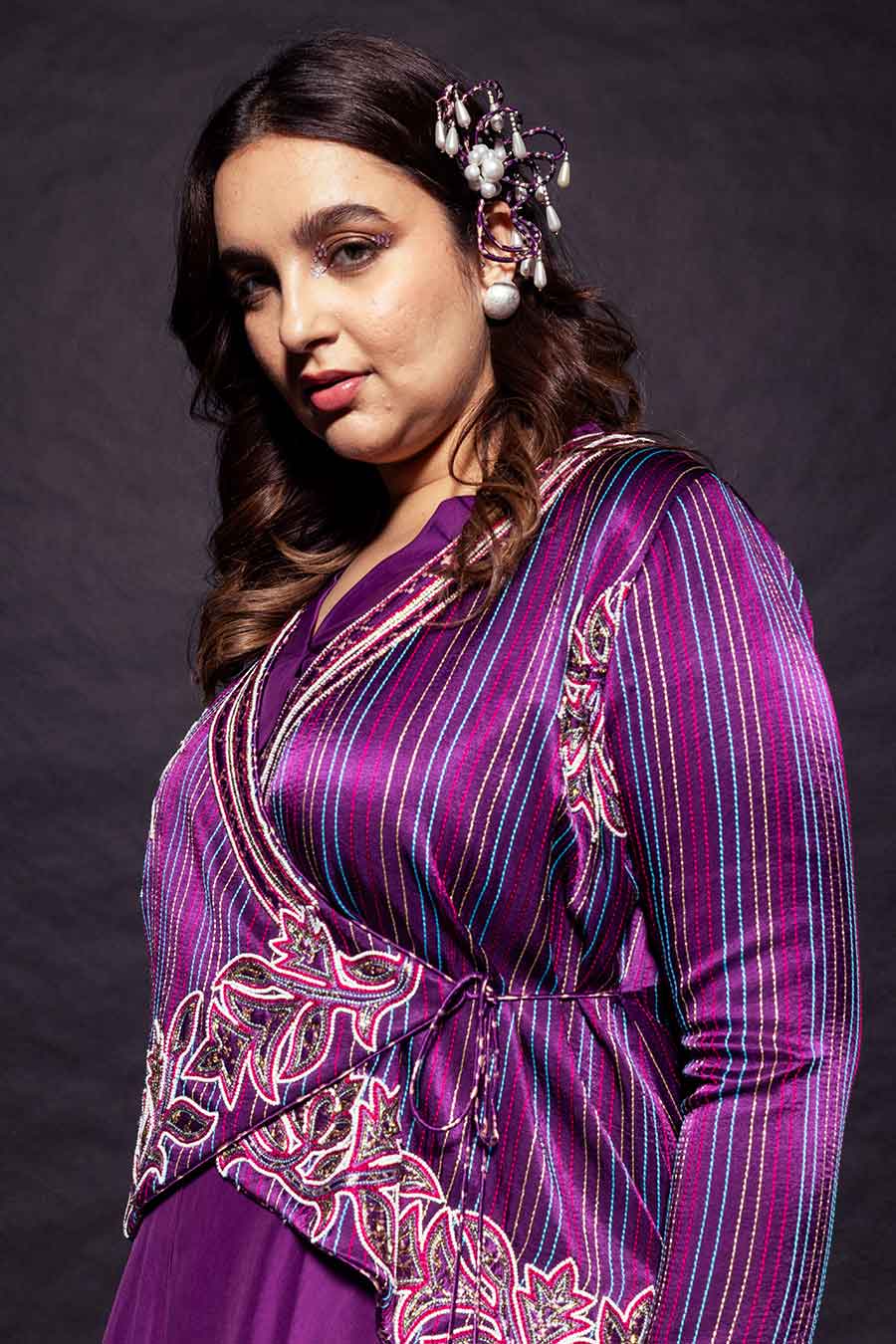Purple Ajrakh Embroidered Angrakha Jacket & Skirt Set