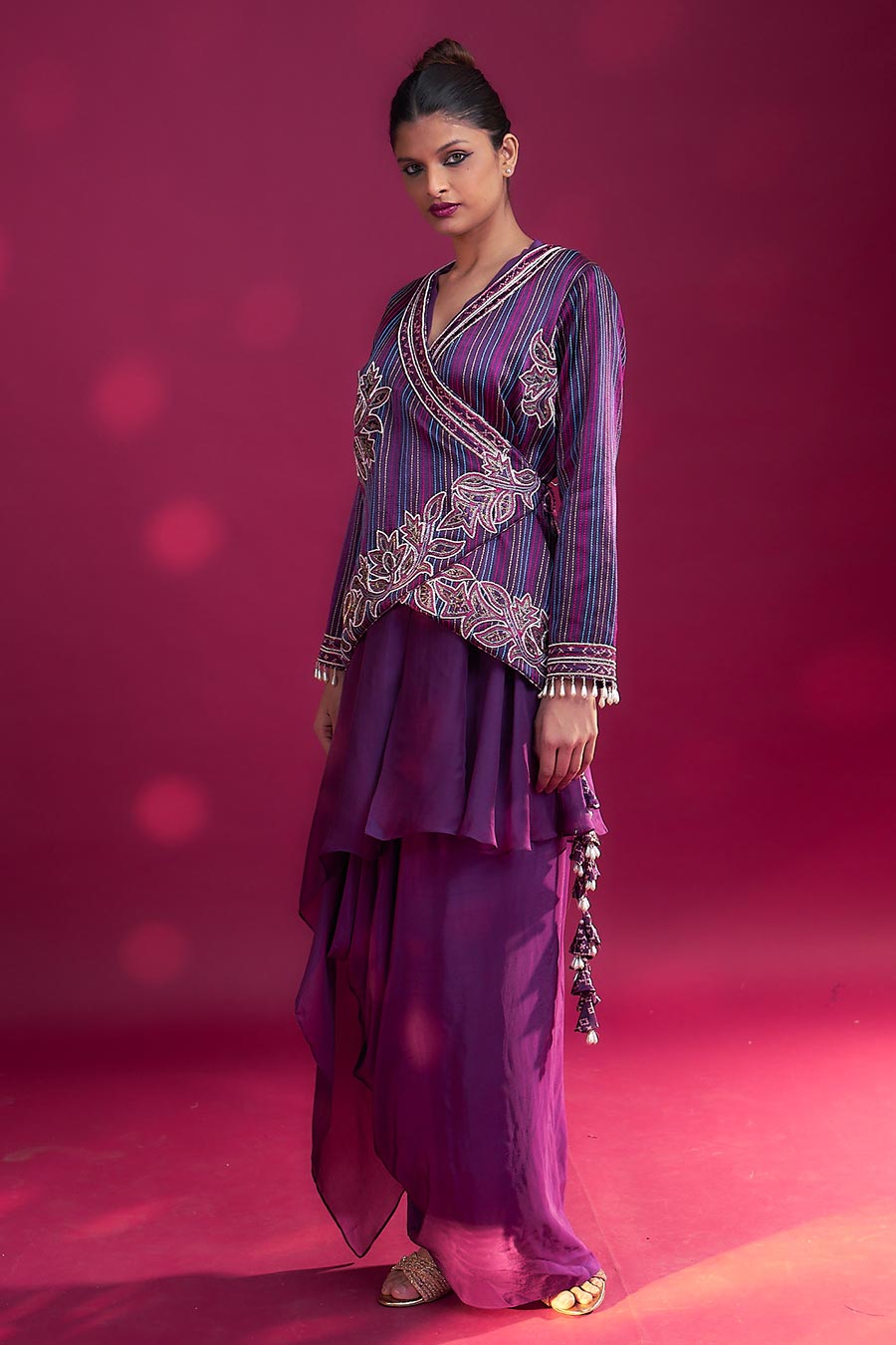 Purple Ajrakh Embroidered Angrakha Jacket & Skirt Set