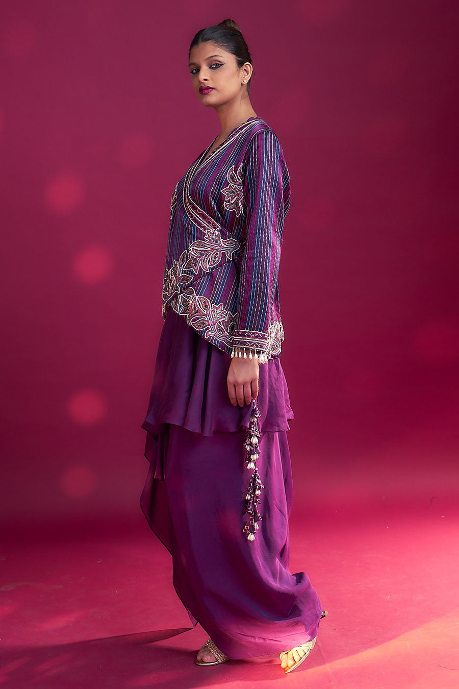 Purple Ajrakh Embroidered Angrakha Jacket & Skirt Set