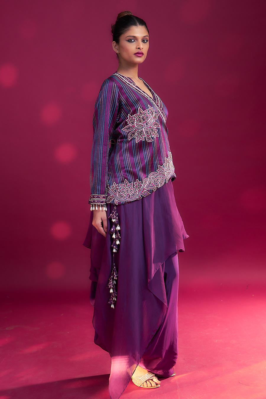Purple Ajrakh Embroidered Angrakha Jacket & Skirt Set