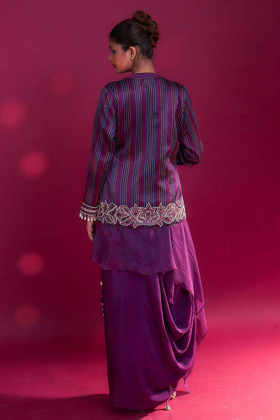 Purple Ajrakh Embroidered Angrakha Jacket & Skirt Set