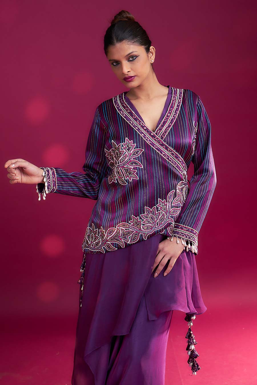 Purple Ajrakh Embroidered Angrakha Jacket & Skirt Set